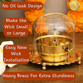 Akhand jyot Diya with Adjustable Bati for Pooja (5 inches), Large Size Brass Diyas with Wick Lifting Screw Lever & Borosilicate Glass Cover for Home Decoration , Puja & Gifting (250ml , 48 Hour)