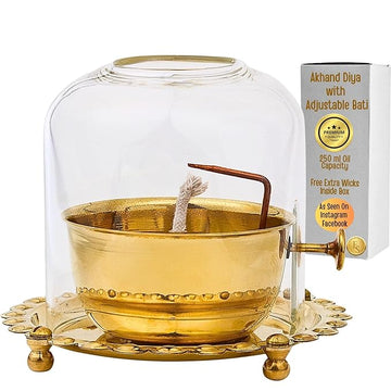 Akhand jyot Diya with Adjustable Bati for Pooja (5 inches), Large Size Brass Diyas with Wick Lifting Screw Lever & Borosilicate Glass Cover for Home Decoration , Puja & Gifting (250ml , 48 Hour)