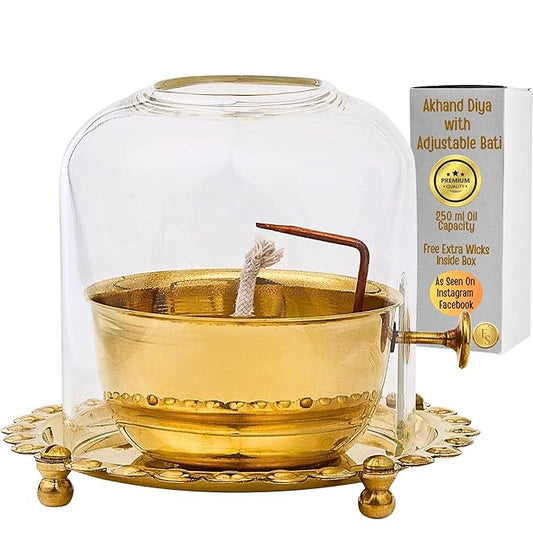 Akhand jyot Diya with Adjustable Bati for Pooja (5 inches), Large Size Brass Diyas with Wick Lifting Screw Lever & Borosilicate Glass Cover for Home Decoration , Puja & Gifting (250ml , 48 Hour)
